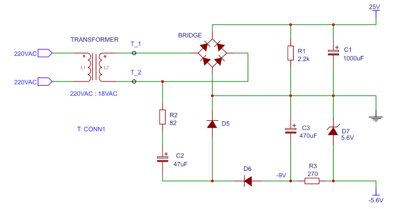 2.a. Rectifier, filter and a negative rail.